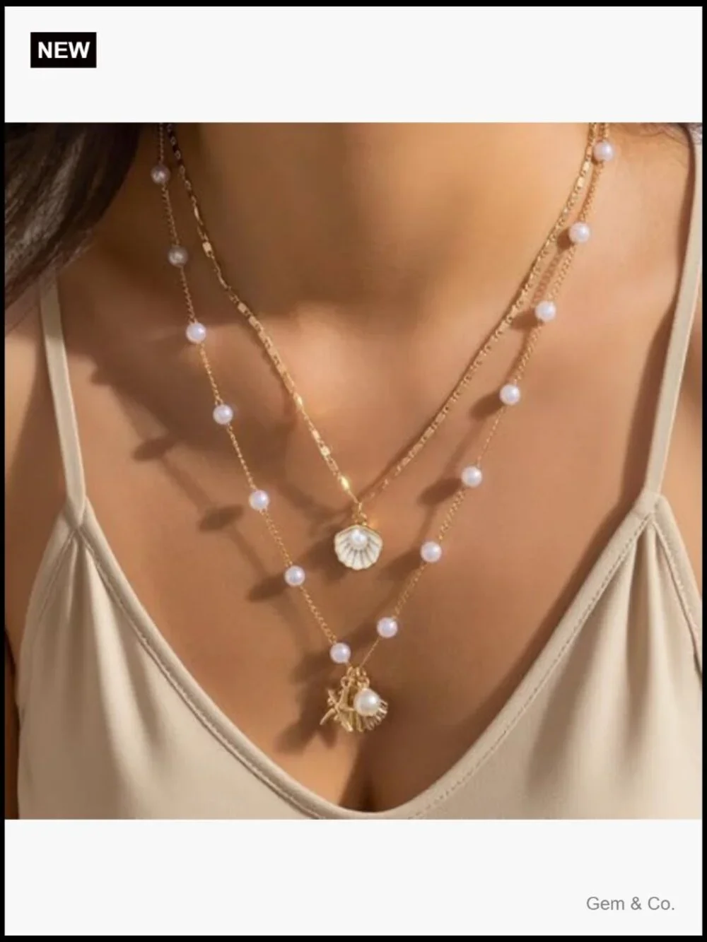 Layered Seashell Starfish Pearl Beach Charm Necklace Set